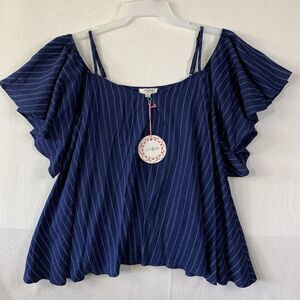 Umgee Blouse Top Shirt Women S Blue Off Shoulder Adjustable Strap Ruffled Boho
